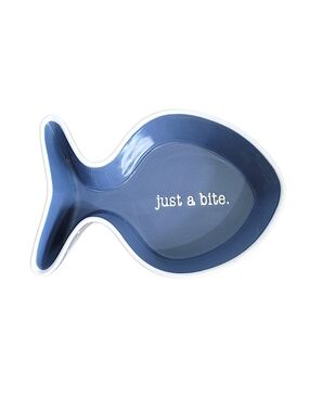 Whisker City Blue Fish-Shaped Cat Bowl with "just a bite." Print